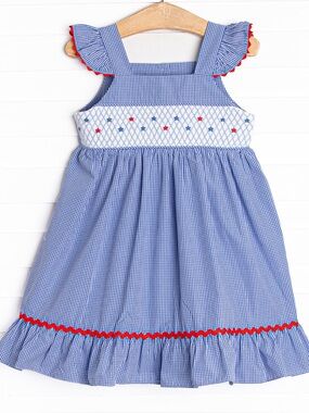 Stitchy Fish 4th of July Girls' Smocked patriotic sundress blue red white 4T